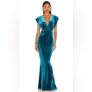 Norma Kamali V Neck Rectangle Gown in Teal Velvet